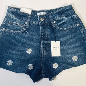 Forever 21 Dark Blue Jean Shorts with Floral Accents Size: 26